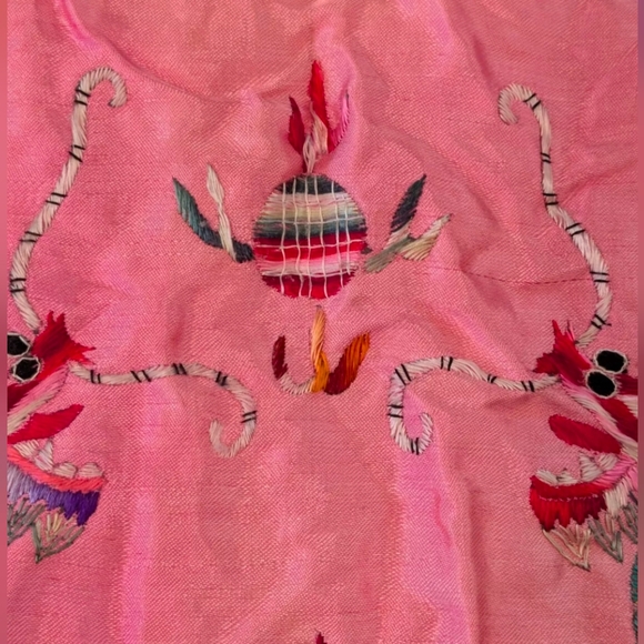 RARE Child Shanghai Embroidered Robe Cape Vintage Satin Dragon Fur Trim Pink - Picture 8 of 16